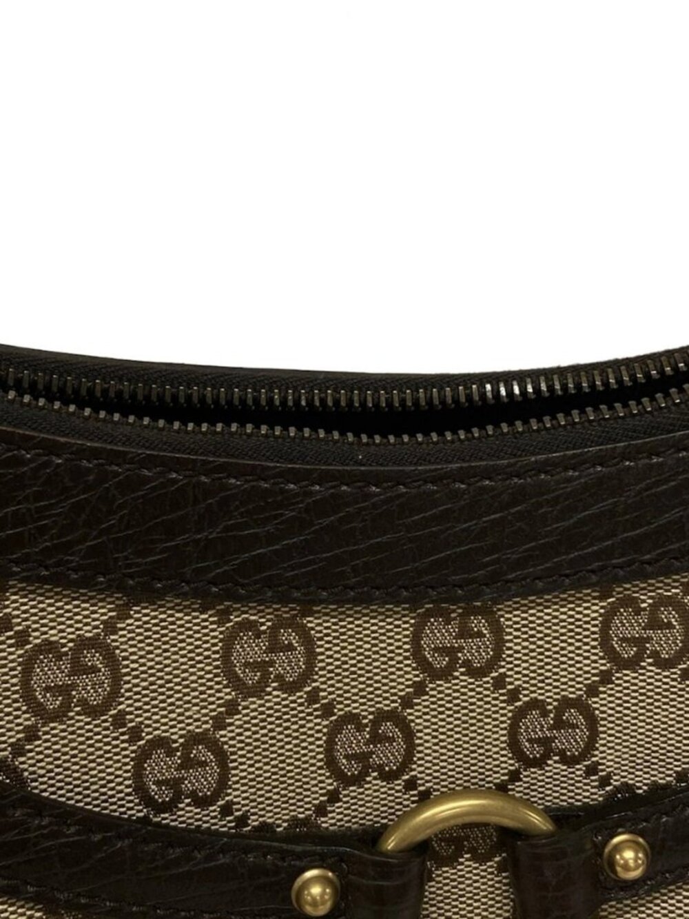 GUCCI Horsebit/GG 114890 Dark Brown Beige Jacquard Leather Handbag - Picture 8 of 15